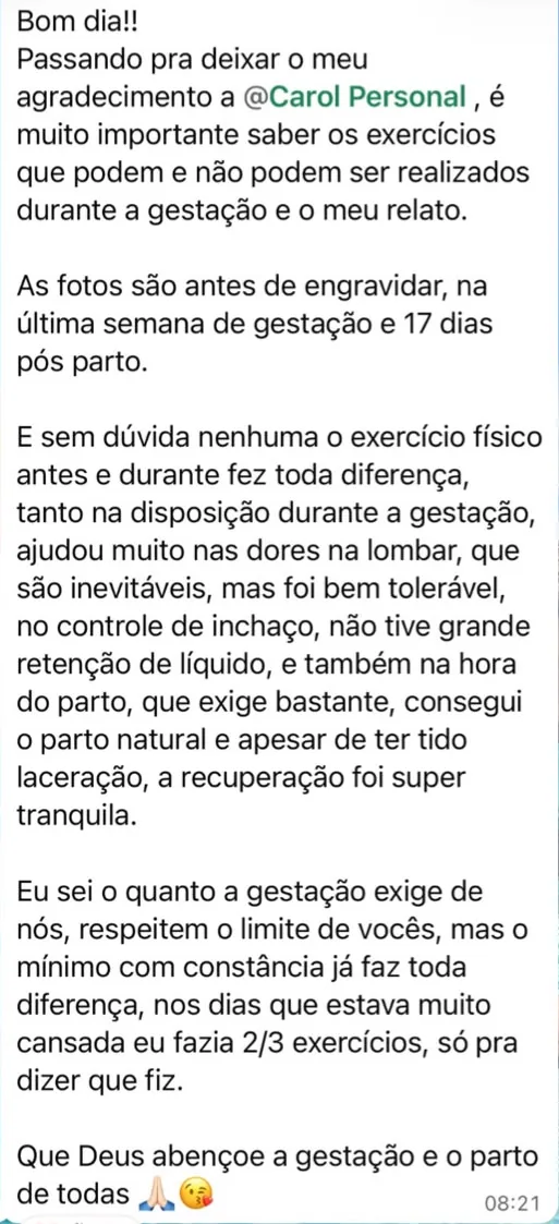 Mensagem de aluna sobre disposição, dores na lombar e parto natural