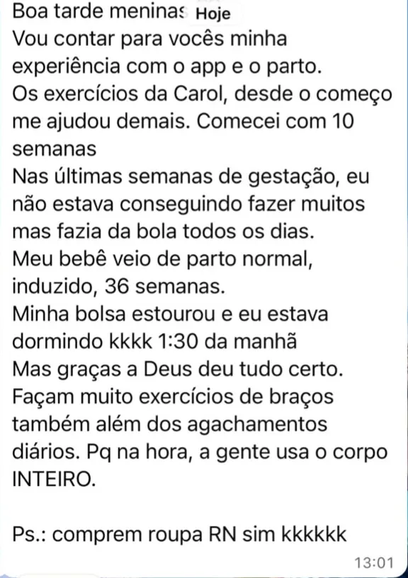 Mensagem de aluna contando a experiência com o app e o parto